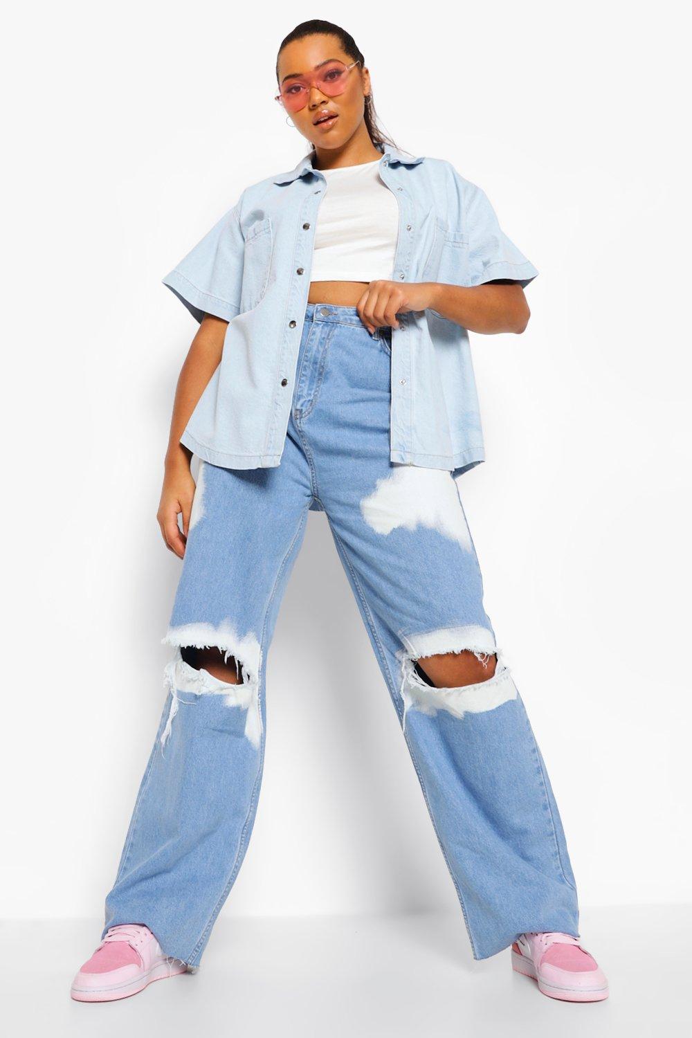 Short sleeve denim shop shirt womens plus